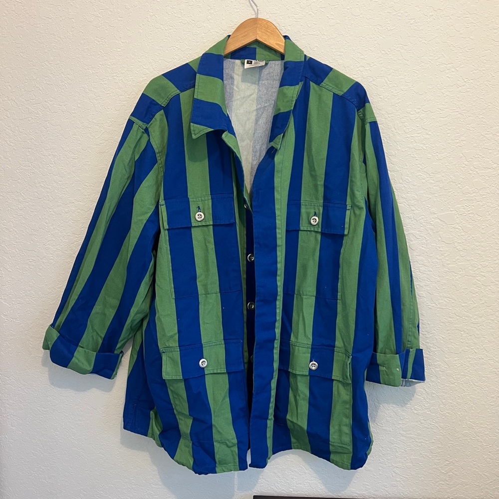 Blue and Green Vertical Stripe Button-Up Shirt